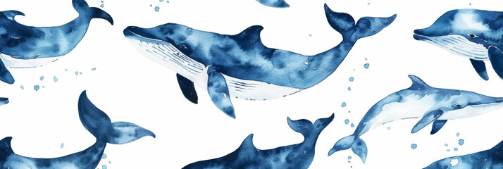 Obraz premium Aesthetic hand painted watercolor pattern in marine style with whales on white background, ocean concept. Generative AI