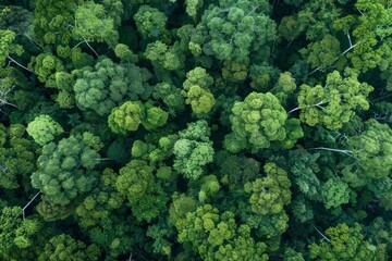An aerial perspective of a dense forest with a multitude of tall trees stretching out in all directions - obrazy, fototapety, plakaty