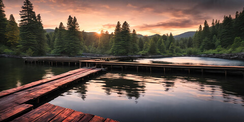 A vibrant sunset paints the sky over a tranquil forest lake pier Generative AI