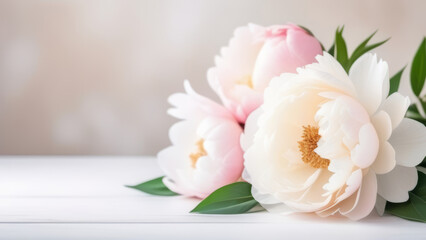A close-up bouquet of delicate white and pink peonies lies on a white table on a light blurred background on the right, with space for text on the left