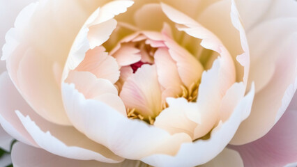 Close-up of a half-opened peony, soft creamy white with pink tints