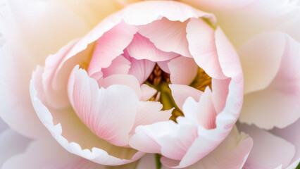 Peony close-up, with the center in the frame, the color of warm milk with a delicate pink tint. Beauty, tenderness, love.