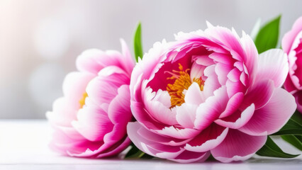 Bright pink and white peonies on a white wooden table, light blurred background.