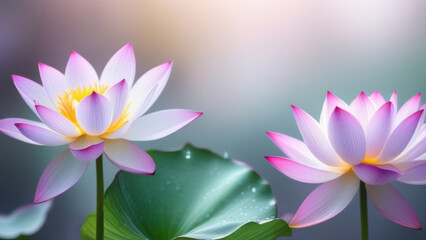 Two pink white lotuses close up, lotus leaf on blurred pastel background, banner.