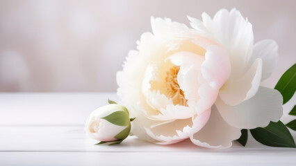 Fototapeta na wymiar A delicate white double peony flower lies horizontally on a white wooden table on a white and pink blurred background. Banner.