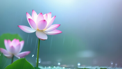 Banner two lotuses on a blurred background close-up, light rain, a blurred background in the background, a pond.