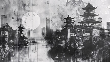 Craft a vintage grunge black and white collage poster featuring an Asian cityscape. Incorporate diverse textures and shapes for a dynamic visual composition - obrazy, fototapety, plakaty