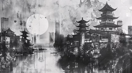 Fototapete Rund Craft a vintage grunge black and white collage poster featuring an Asian cityscape. Incorporate diverse textures and shapes for a dynamic visual composition © growth.ai