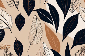 Botanical leaf line art wallpaper background for fabric, print, cover, banner, invitation. Luxury natural hand-drawn foliage pattern.