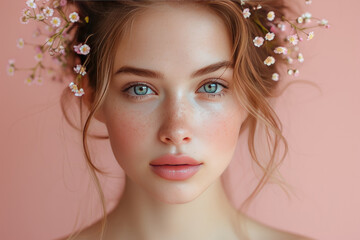 Beauty portrait of young woman with flowers in her hair.