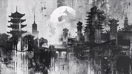 Craft a vintage grunge black and white collage poster featuring an Asian cityscape. Incorporate diverse textures and shapes for a dynamic visual composition