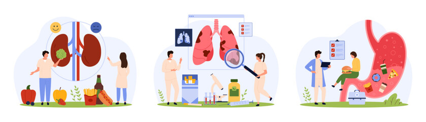 Diagnosis of chronic diseases of internal organs by doctors set. Tiny people check kidneys of patient for stones, study inflammation in lungs and human stomach problem cartoon vector illustration
