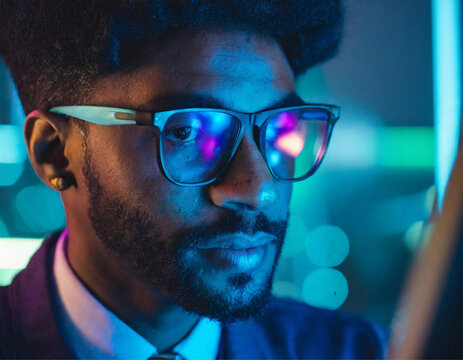 Close up no rosto de um homem jovem, com óculos, de noite, trabalhando com o uso de um notebook em um escritório.