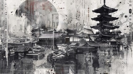 Craft a vintage grunge black and white collage poster featuring an Asian cityscape. Incorporate diverse textures and shapes for a dynamic visual composition
