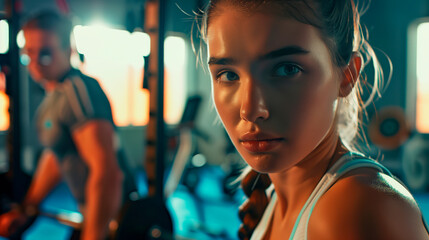 portrait of a girl working out on exercise machines, a treadmill in the gym