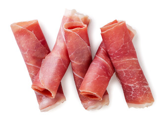 Jamon meat rolls on a white background. Top view. - 767861282