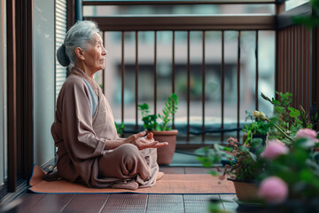 portrait of an elderly asian woman meditating on her balcony - obrazy, fototapety, plakaty
