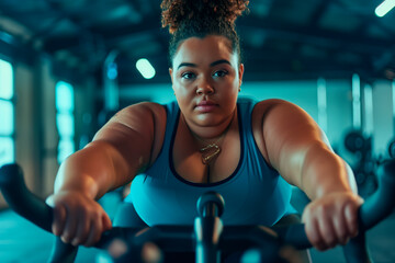 Portrait of a fat African American girl exercising on an exercise bike in the gym - obrazy, fototapety, plakaty