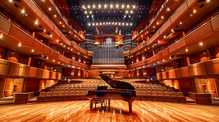 3D render of a concert hall with a grand piano on the stage. Large concert hall and stage with luxurious architecture.  - obrazy, fototapety, plakaty