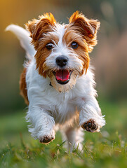 Yorkshire Terrier running in the green grass. Shallow depth of field.