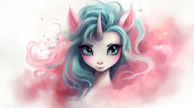 Pastel watercolor background with adorable unicorn in soft peach and turquoise colors