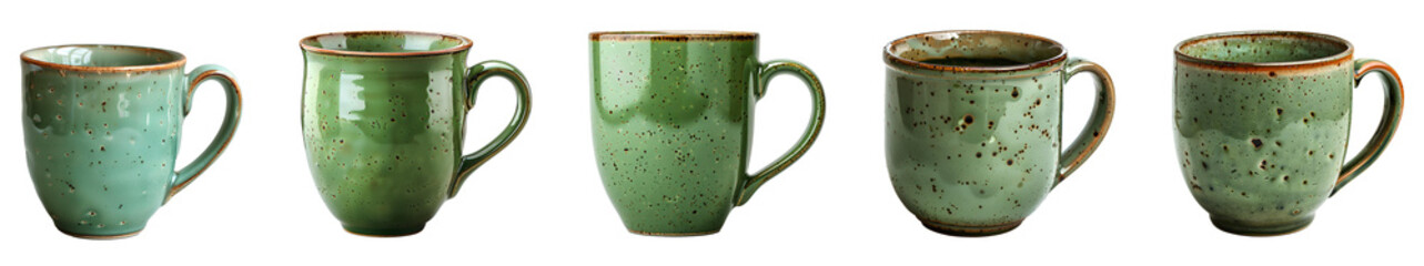 Green mugs set PNG. Set of green cups PNG.  Red rustic mug PNG. Cup for coffee or tea drinking isolated. Old rustic mug PNG - obrazy, fototapety, plakaty