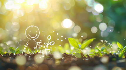 cartoon man takes care of a newly sprouted sapling or sprout. in the morning light, eco concept  - obrazy, fototapety, plakaty