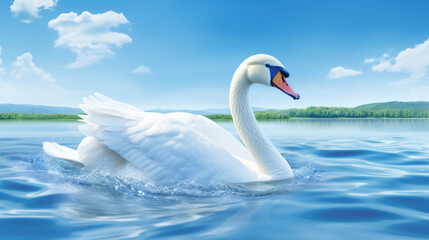 Tranquil landscape graceful swan peacefully gliding on serene lake in a scene of serene beauty