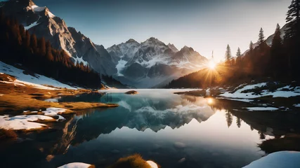 Foto op Canvas A serene mountain landscape with snow-capped peaks, reflecting the golden hues of sunrise in a crystal-clear alpine lake © Farhan