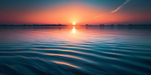 a beautiful sunrise landscape over a calm lake, an association with morning peace and the innocence of nature - obrazy, fototapety, plakaty