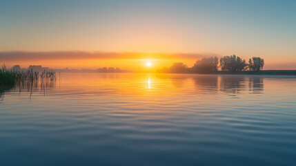 Fototapeta premium a beautiful sunrise landscape over a calm lake, an association with morning peace and the innocence of nature