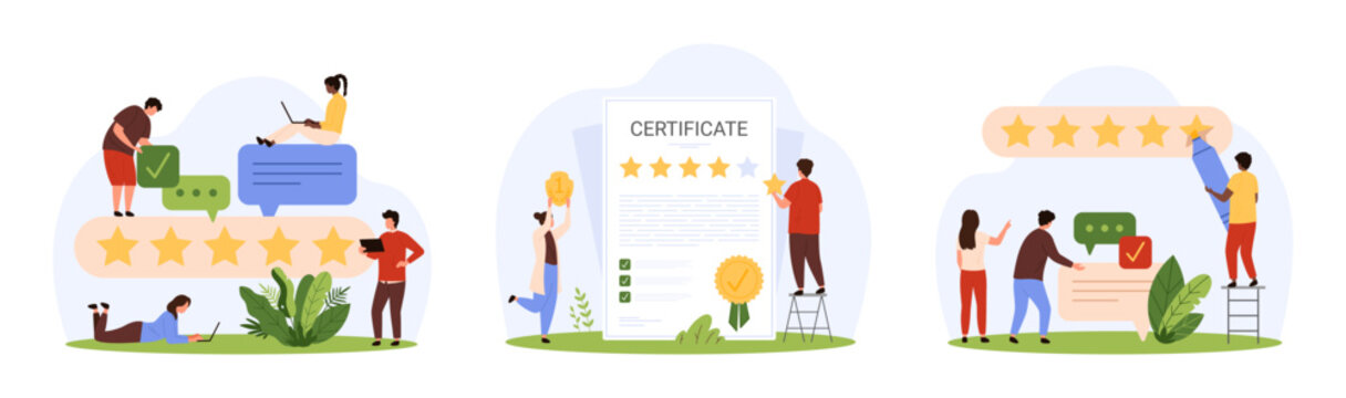 Customer feedback, survey of clients opinion set. Tiny people give comments in speech bubbles, yellow five rating stars and certificate with quality seal to product cartoon vector illustration