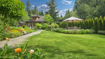 UK garden with naturalistic design yard hard landscaping,  summer retreat house panorama