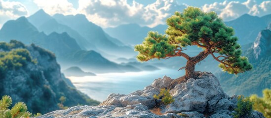 View of pine tree branches on mountain peak against blue sky - obrazy, fototapety, plakaty