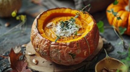 Seasonal homemade pumpkin soup served in a natural pumpkin bowl with a rustic presentation on a wooden surface, garnished with cream and seeds.