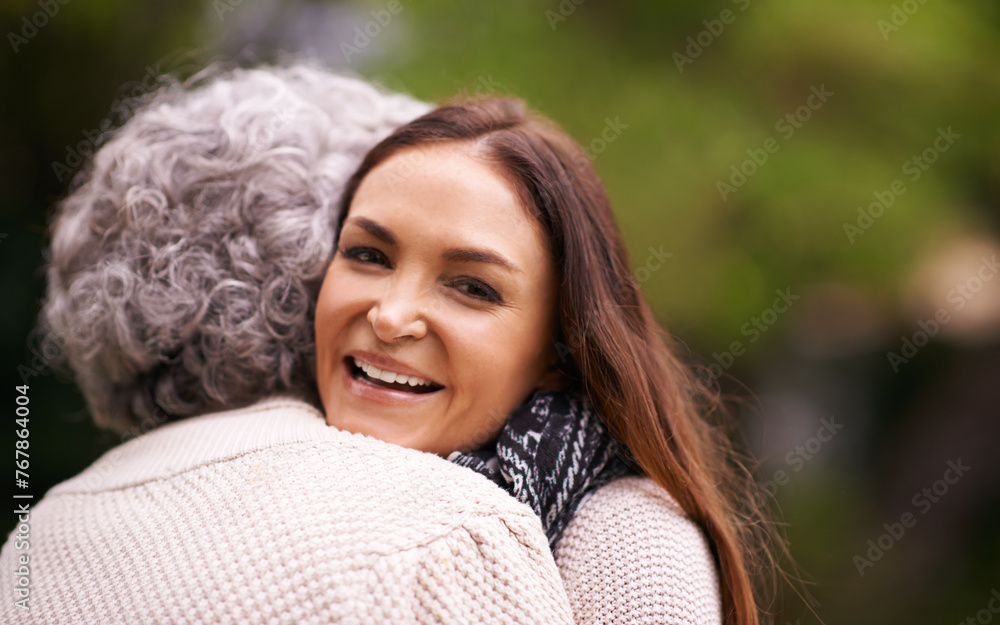 Poster Hug, mother and woman with smile for love, embrace and affection for bonding with happiness. Family, elderly female person and daughter with mom together in garden, backyard and outdoor in nature