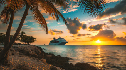 Fototapeta premium Cruise ship at sunset with palm trees
