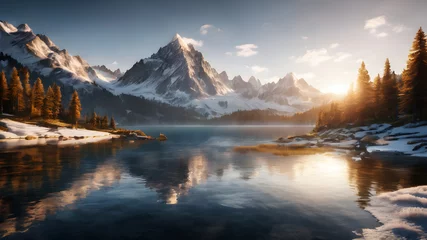 Foto auf Leinwand A serene mountain landscape with snow-capped peaks, reflecting the golden hues of sunrise in a crystal-clear alpine lake © Farhan