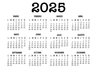 Horizontal calendar in Spanish for 2025
