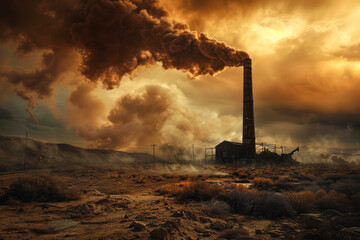 A lone smokestack rises above a barren desert landscape at sunset, symbolizing isolation and industrial impact on nature