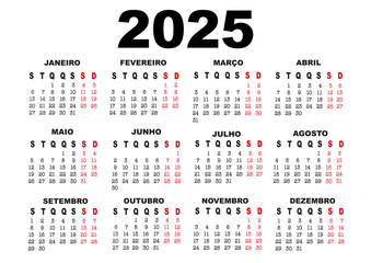 Horizontal calendar in Portuguese for 2025