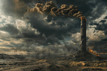 Lone chimney stack emits plumes of smoke in an empty wasteland, signifying isolation and environmental toll