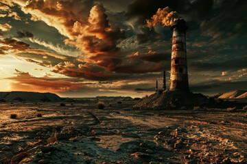 A dark, reddish image of a lone industrial chimney standing in a wasteland, depicting the impact of human activity