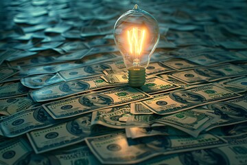 a light bulb on a pile of money - obrazy, fototapety, plakaty