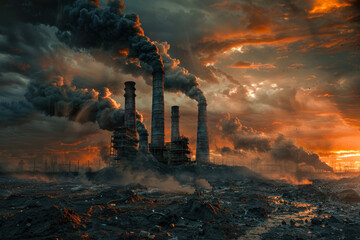 A dystopian vision of industrial pollution, with smokestacks emitting plumes of smoke against a dramatic fiery sunset sky - obrazy, fototapety, plakaty