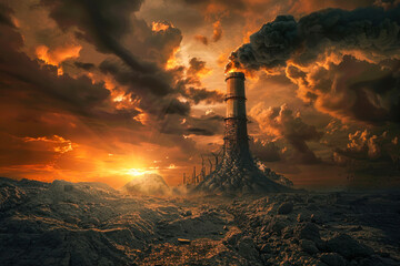 A dystopian scene showing a tall smoking chimney against a dark, ominous sky, evoking a sense of doom - obrazy, fototapety, plakaty
