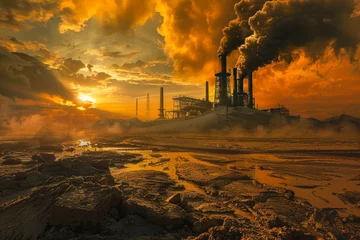 Foto op Canvas A haunting industrial scene with heavy smoke over a desolate land depicts stark climate realities © Fxquadro