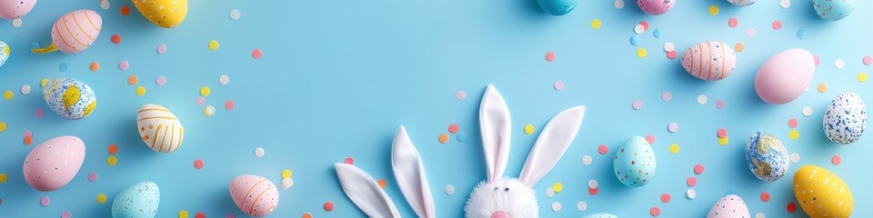 Easter background with colorful eggs, bunny ears and confetti on blue background. Flat lay, top view. Banner.
