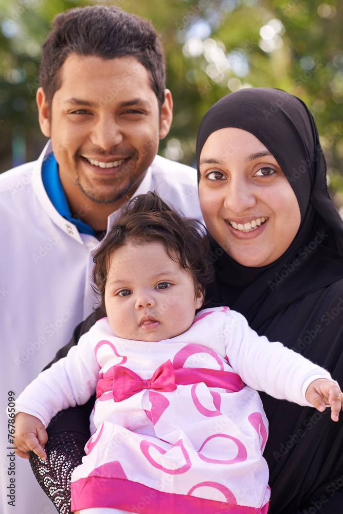 Wall mural portrait of mother, father and baby in park for bonding, relationship and outdoors together. muslim 