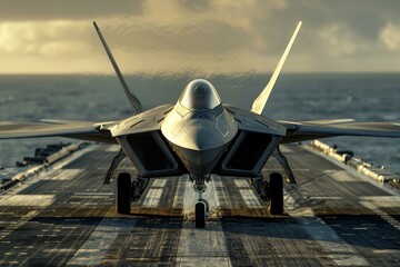 Fototapeta na wymiar Front view of an F-22 Raptor fighter jet accelerating during takeoff on an aircraft carrier runway. The aircraft is sent on combat duty in offshore waters.